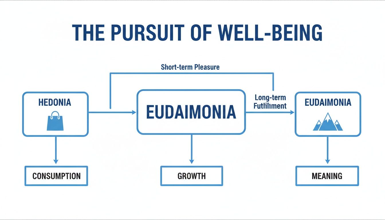 Flowchart illustrating the pursuit of well-being, showing Hedonia leading to consumption, and Eudaimonia leading to growth and meaning.