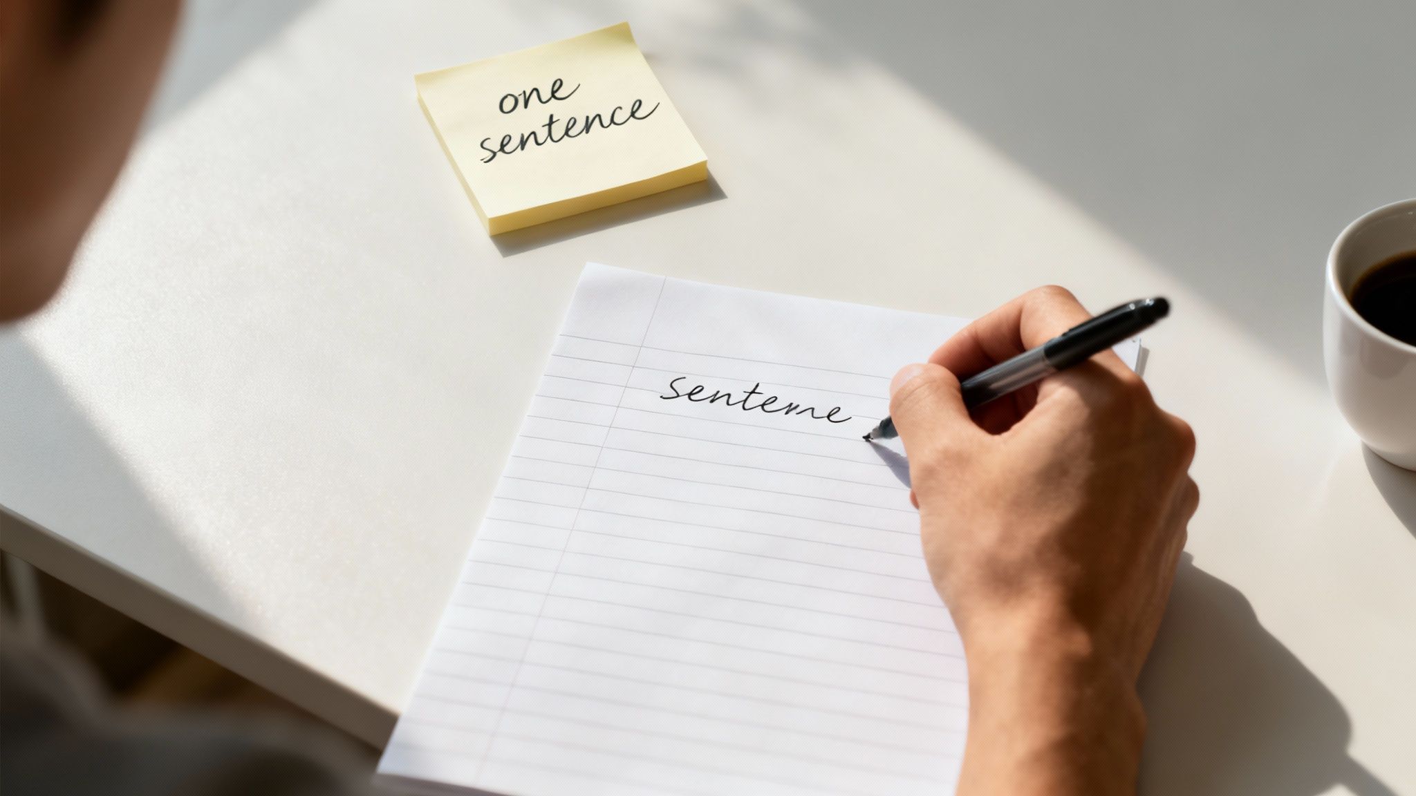 A person's hand writes "Senteme" on lined paper, next to a sticky note saying "one sentence" and a coffee cup.