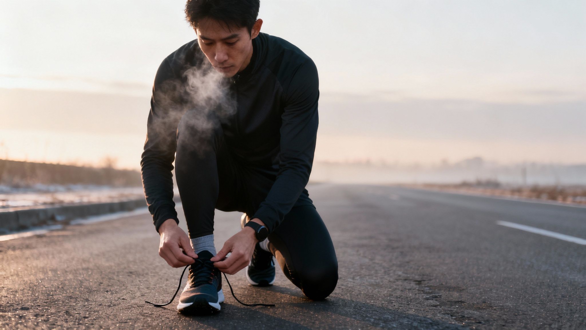 A man in black athletic wear tying his running shoe on a cold morning road, his breath visible. what are your values
