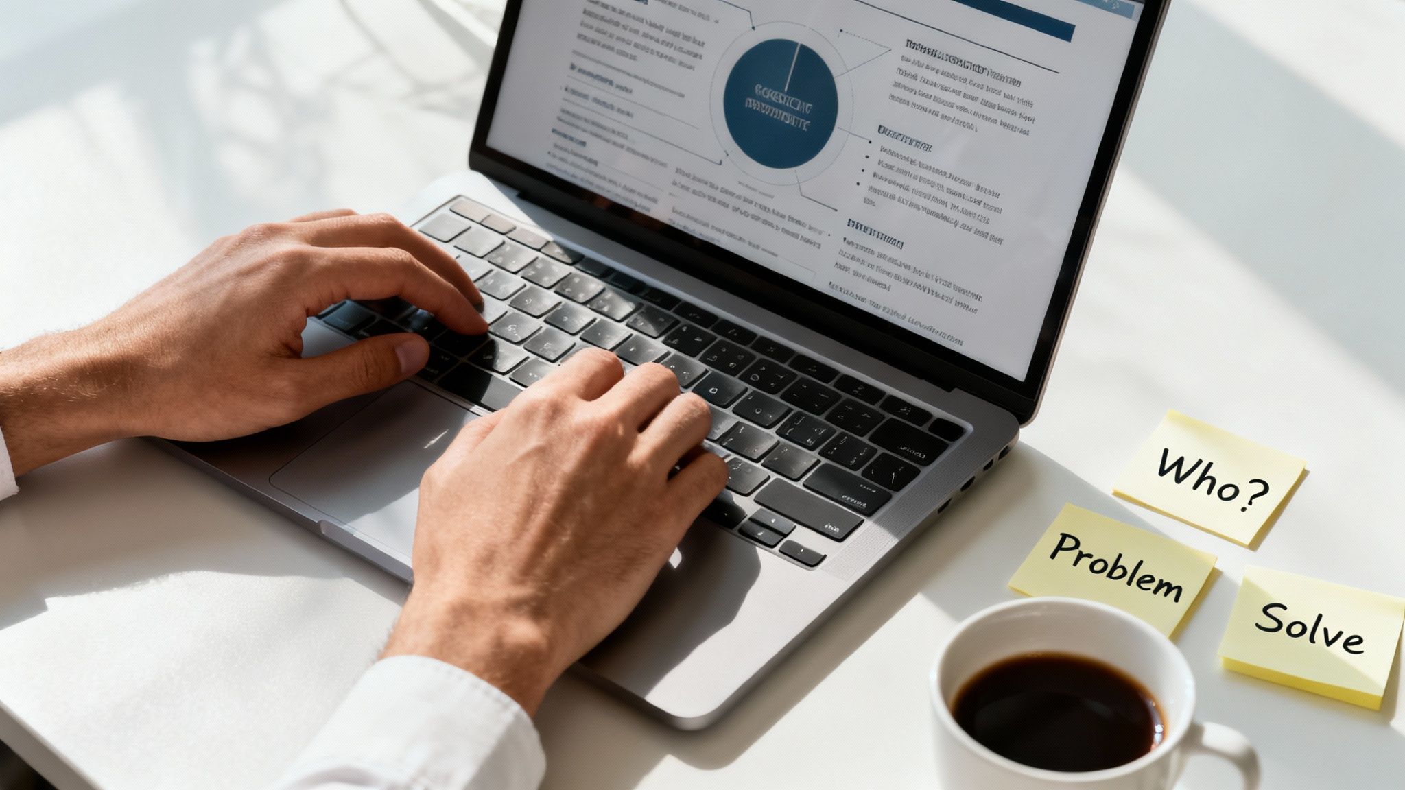 Hands typing on a laptop displaying data and charts, with 'Who?', 'Problem', 'Solve' sticky notes and coffee.