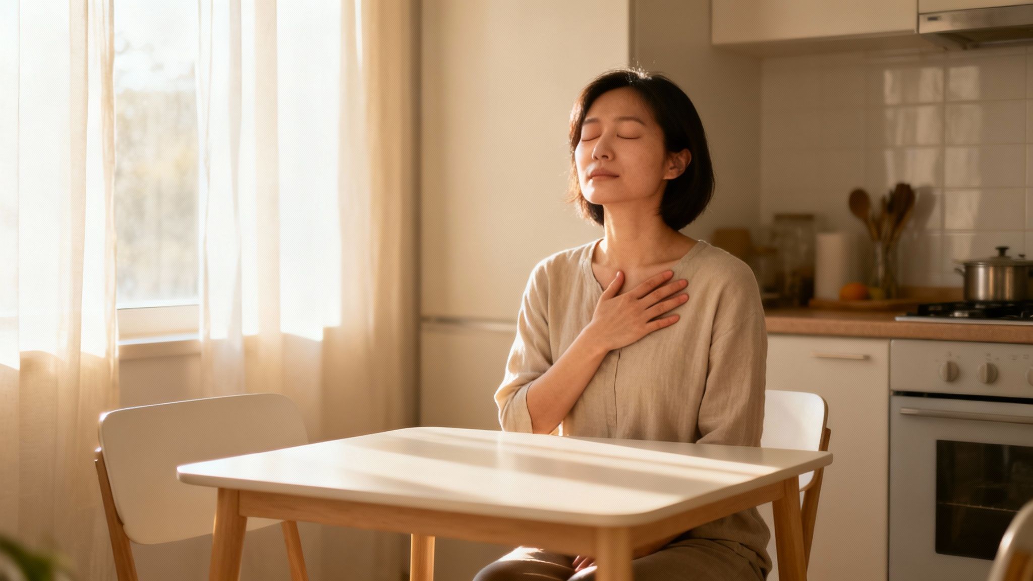 A woman sits peacefully with her eyes closed and hand on chest in a sunlit kitchen. How to Improve Your Emotional Intelligence.