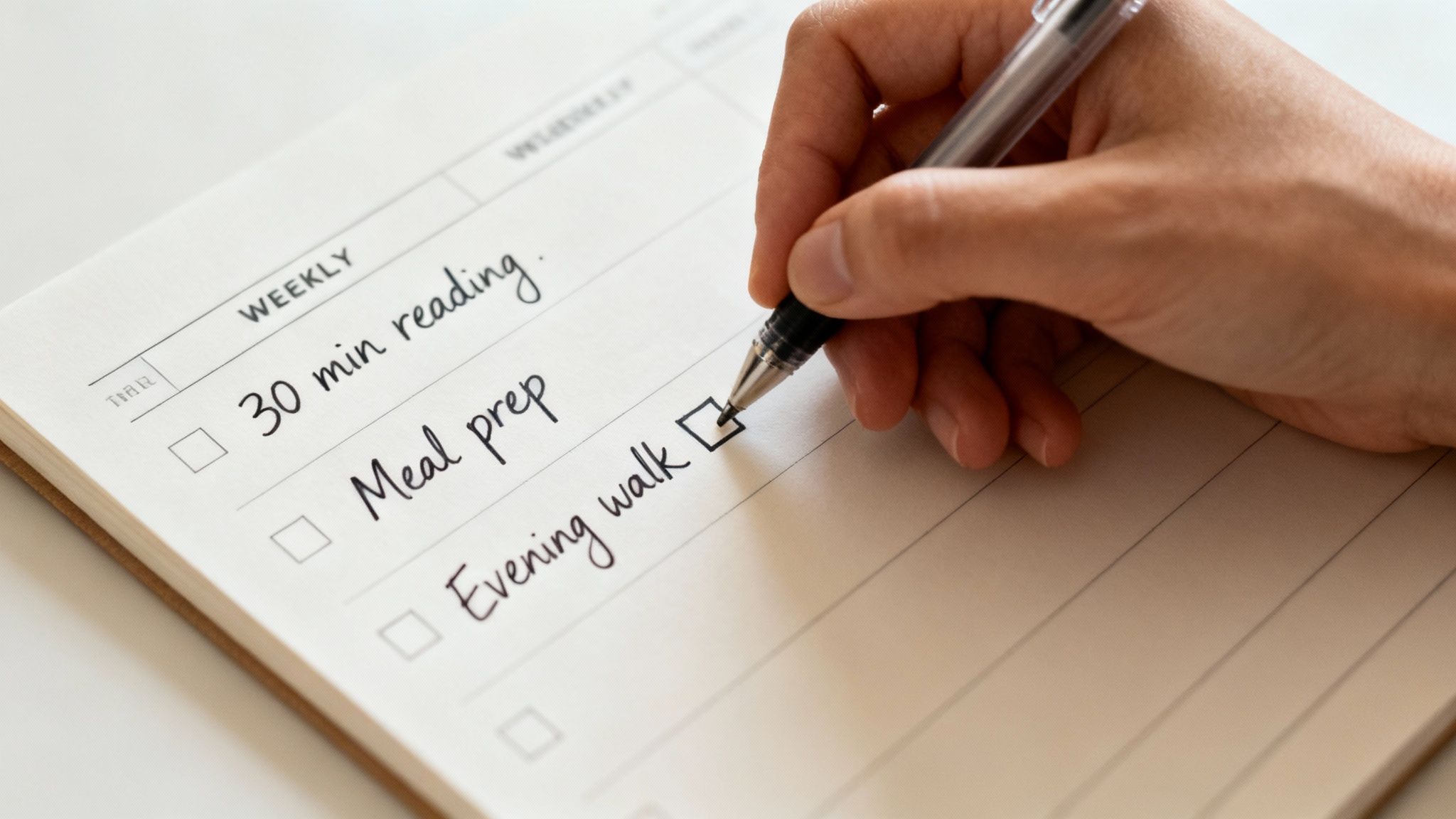 A person's hand with a pen checks off 'Evening walk' on a weekly to-do list.