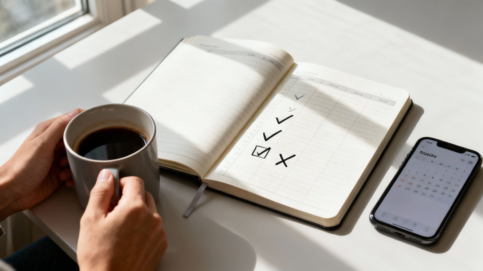 Person holding coffee, an open planner with habit tracking, and a smartphone displaying a calendar.