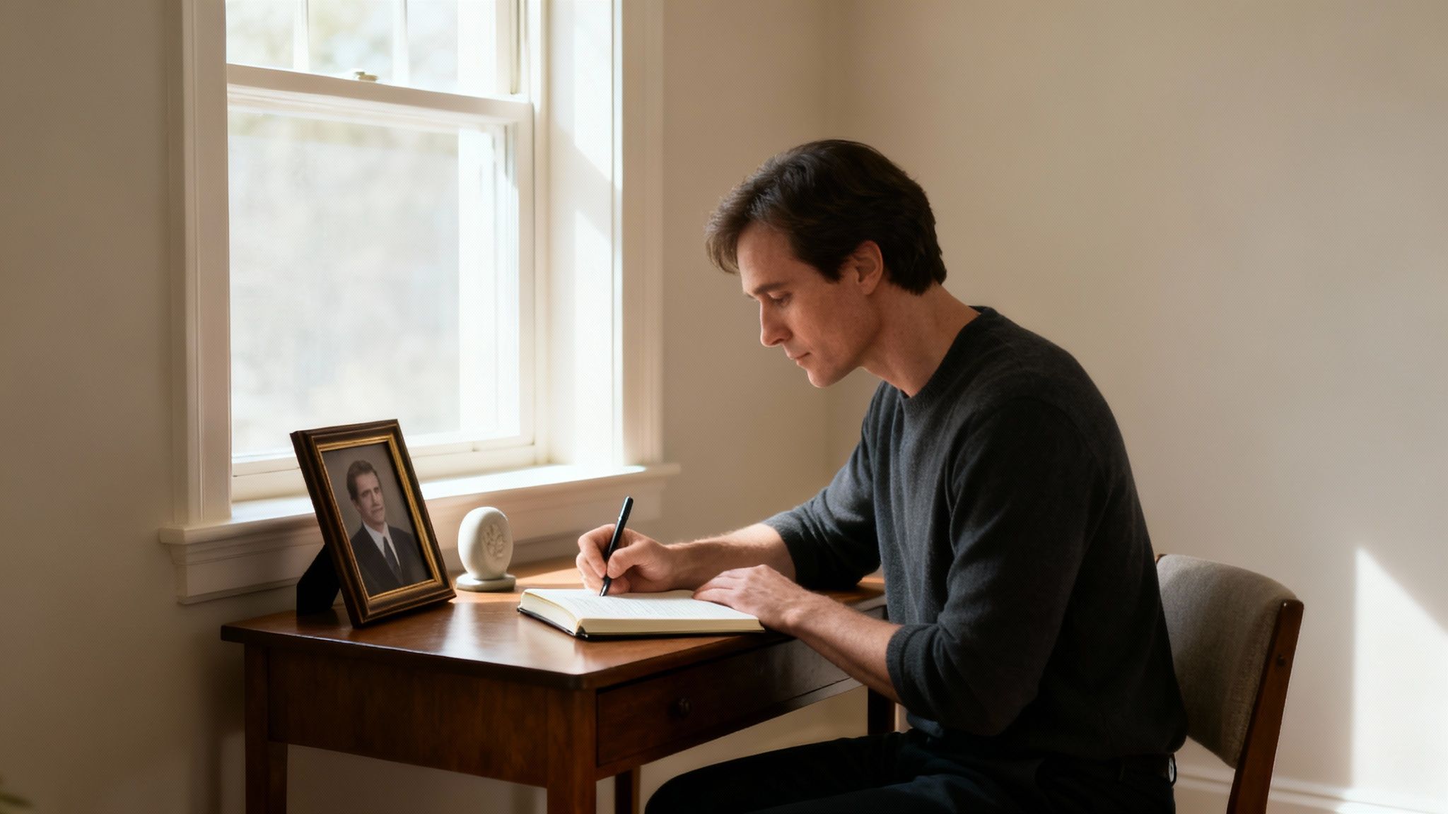 A man writes in a notebook at a wooden desk with a framed photo nearby, sunlight streaming in. How to write a Eulogy.