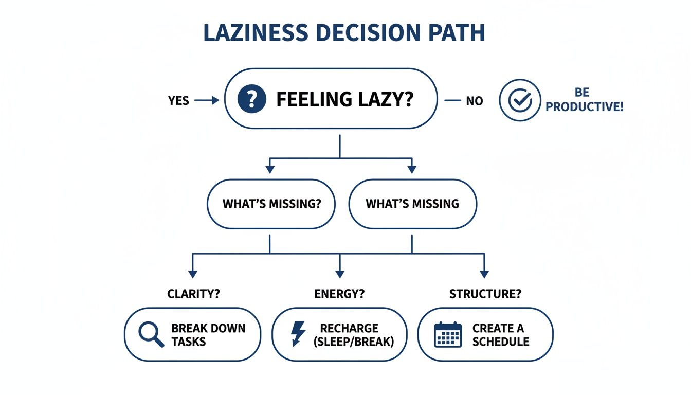 How to stop being lazy. Flowchart illustrating a laziness decision path with solutions for clarity, energy, and structure.