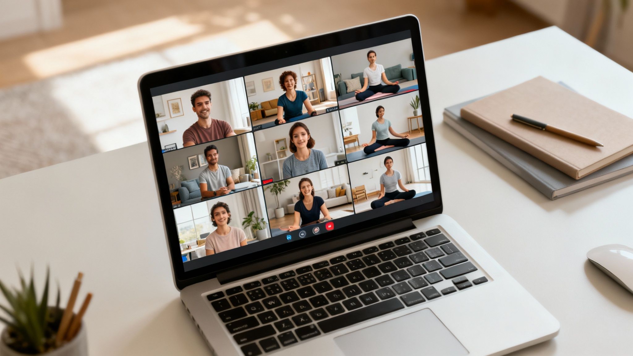 A laptop displays a virtual group yoga class with nine people in their homes.