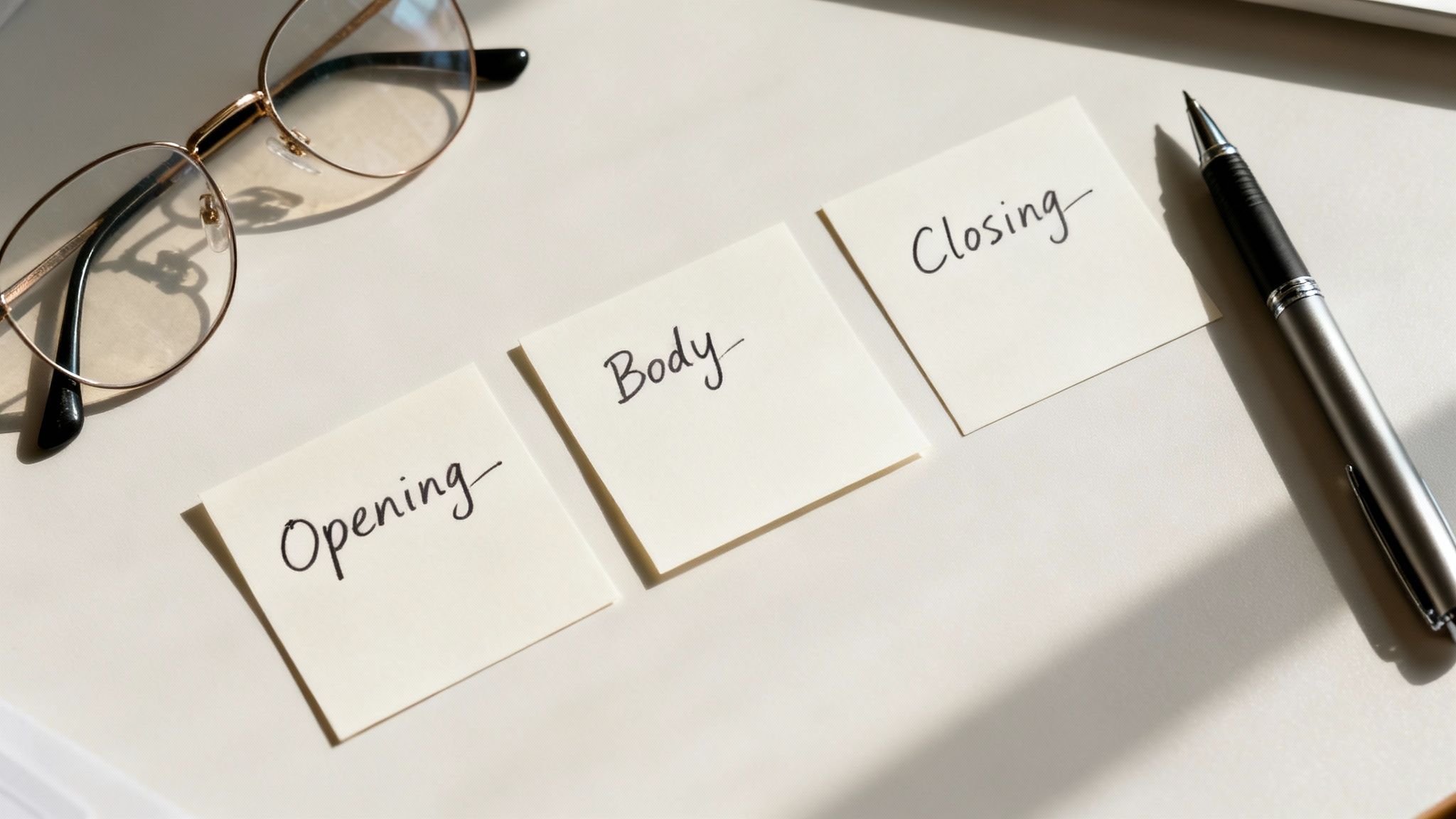 Three sticky notes labeled 'Opening', 'Body', 'Closing' outlining a structure on a desk.