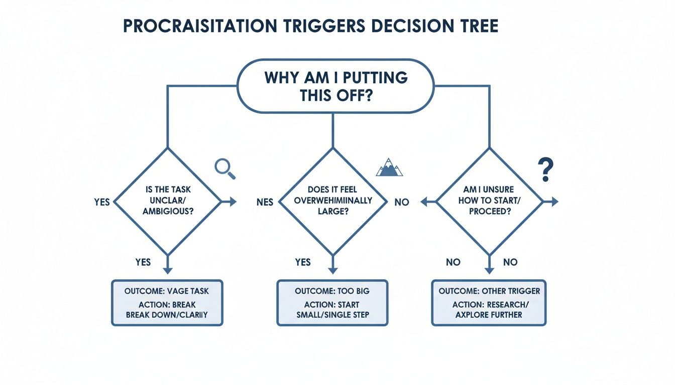 Decision tree flowchart for procrastination triggers: clarify tasks, start small, research other reasons.