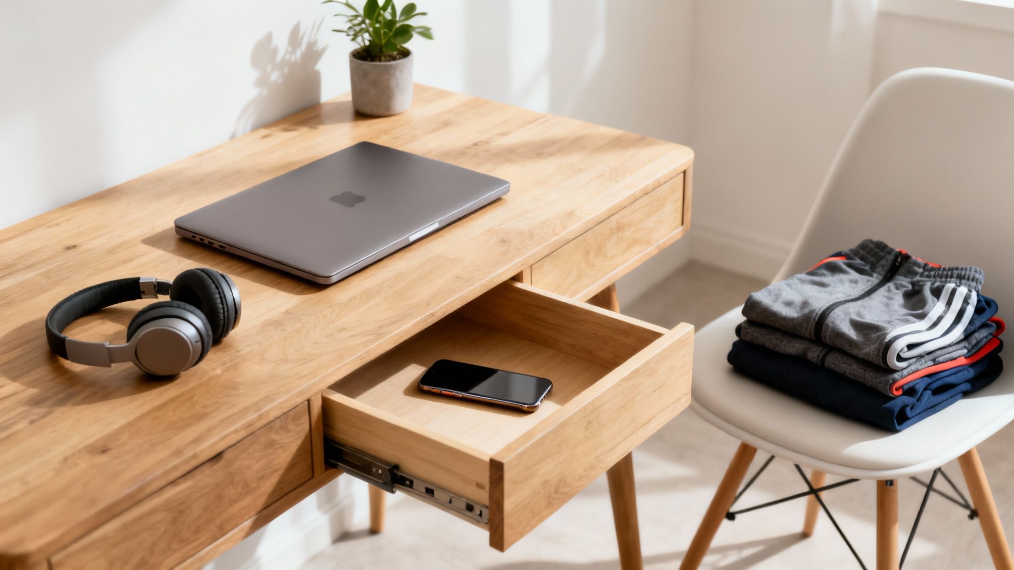 A tidy wooden desk with a laptop, headphones, a plant, and a phone in an open drawer.
