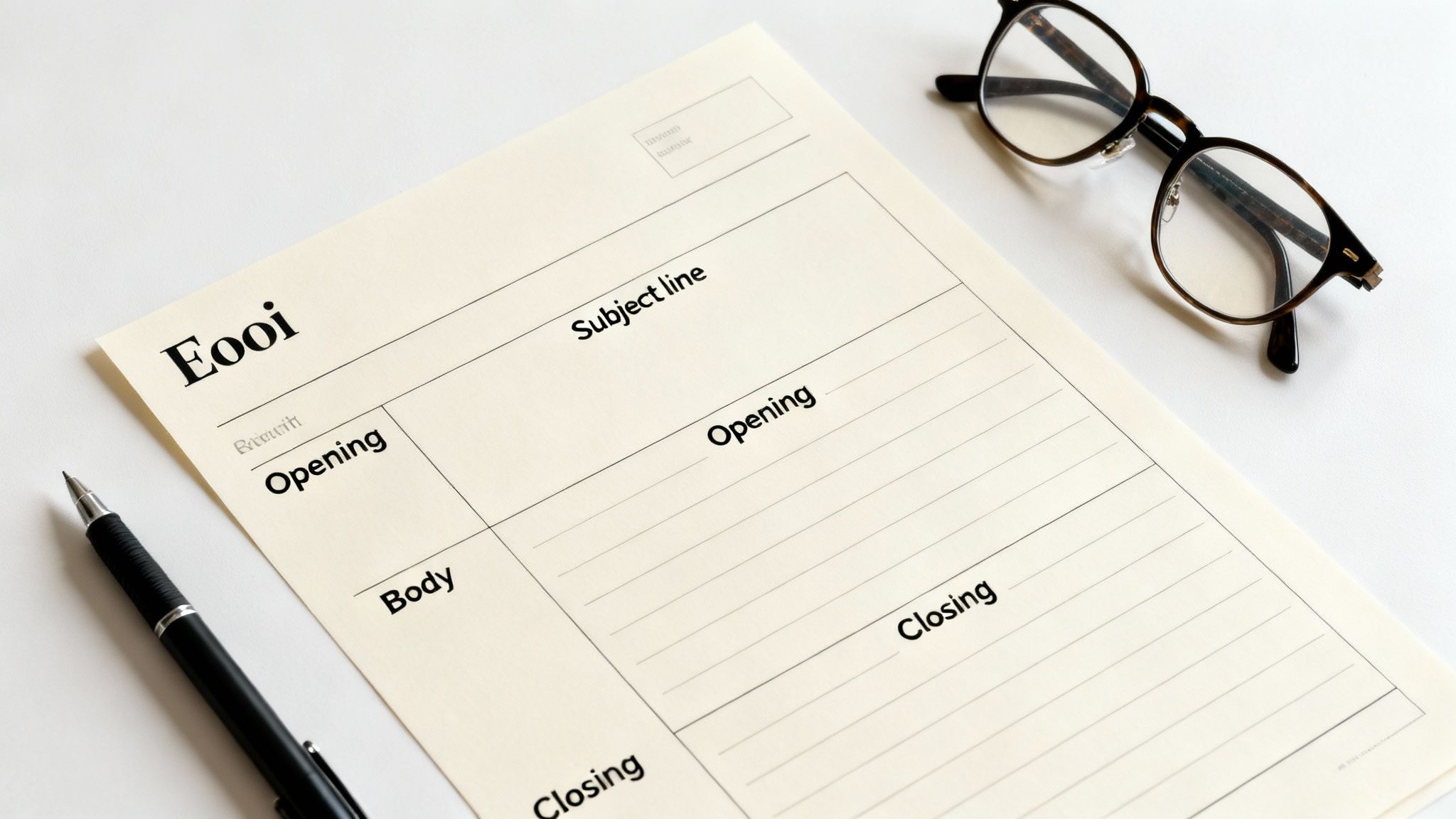 A paper template for an Expression of Interest (EOI) letter, with labeled sections, a pen, and glasses.