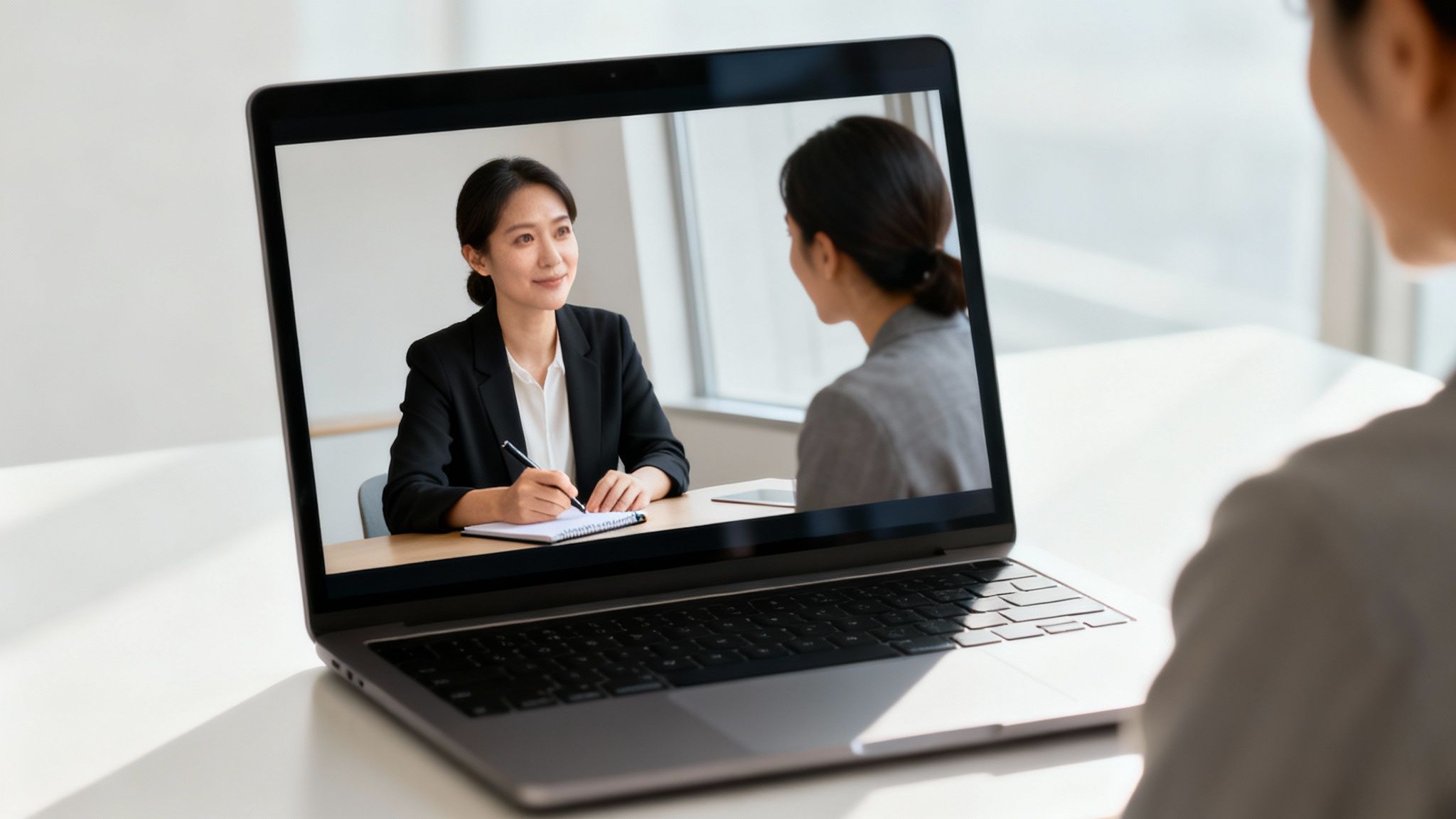 Two businesswomen on a laptop screen having an a online meeting, one taking notes during a video call.