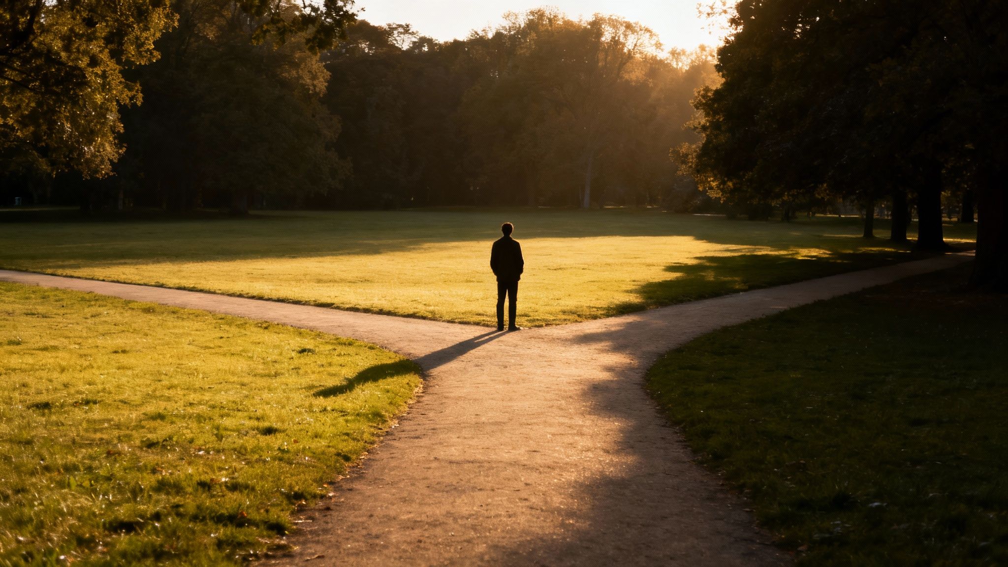 A lone figure stands at a fork in a sunlit path, contemplating which way to go, pondering the meaning of values.
