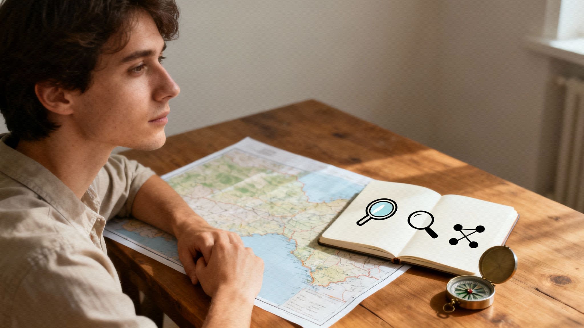 A thoughtful young man with a map, notebook, and compass, planning an adventure or seeking direction. How to find your passion.