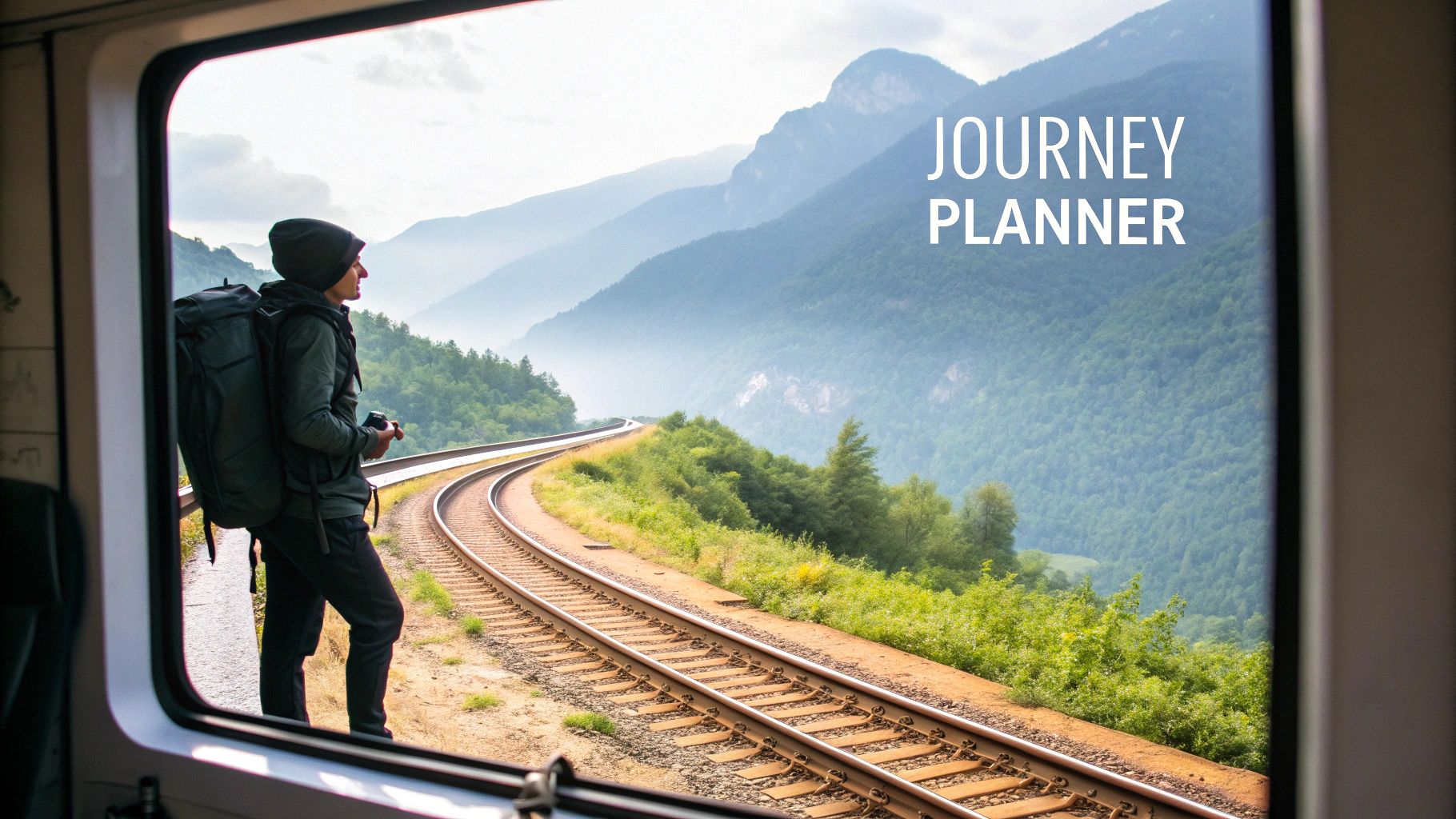 A solo traveller looking out the window of a train as it moves through a scenic, sunny landscape.