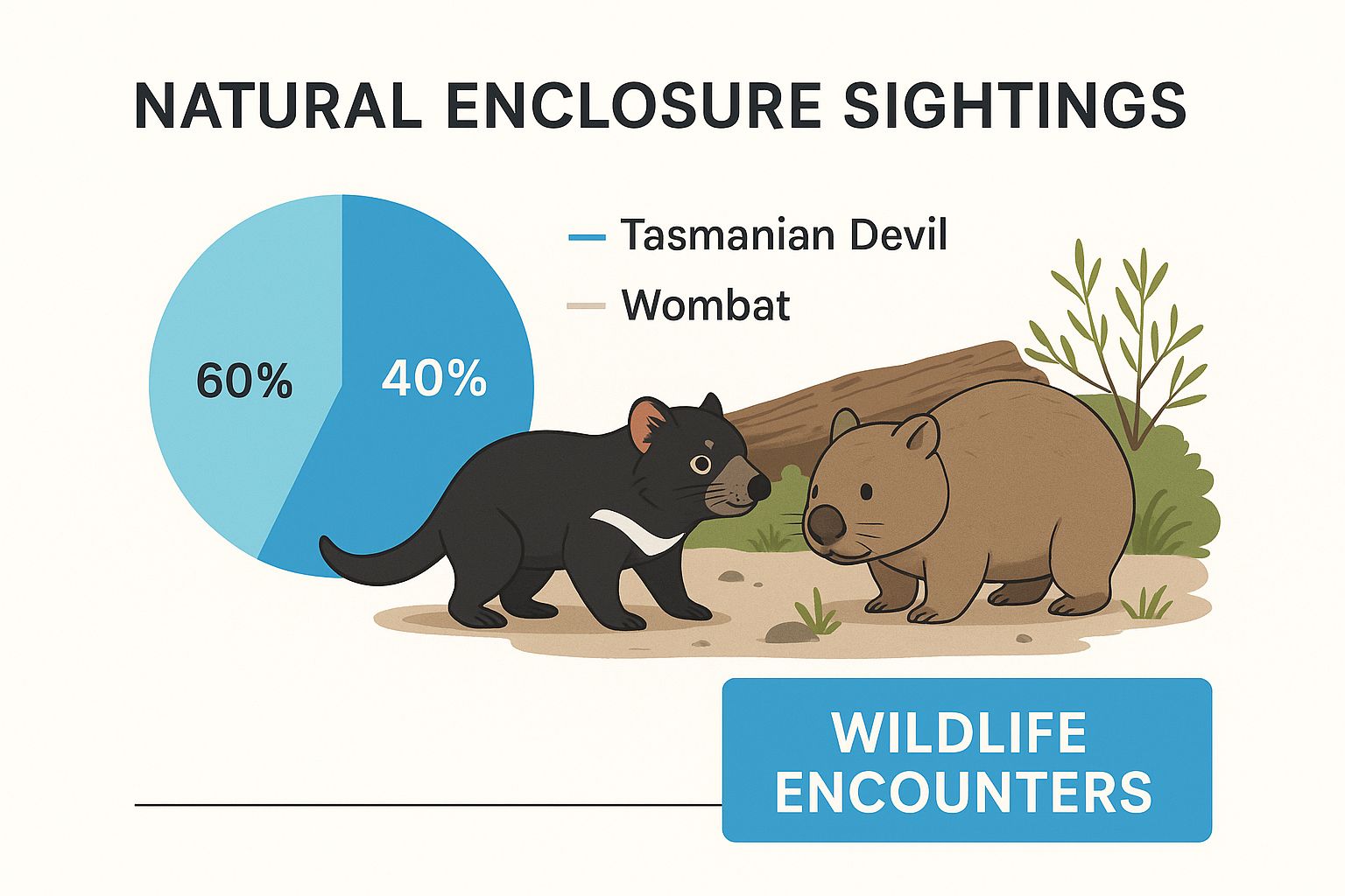 Infographic showcasing wildlife encounters at Trowunna, with a Tasmanian devil and a wombat in a natural enclosure.