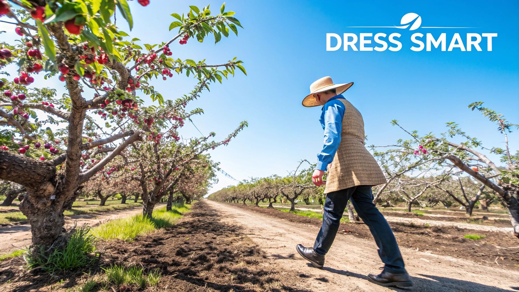 People dressed comfortably for cherry picking in an orchard, with hats and casual clothing.