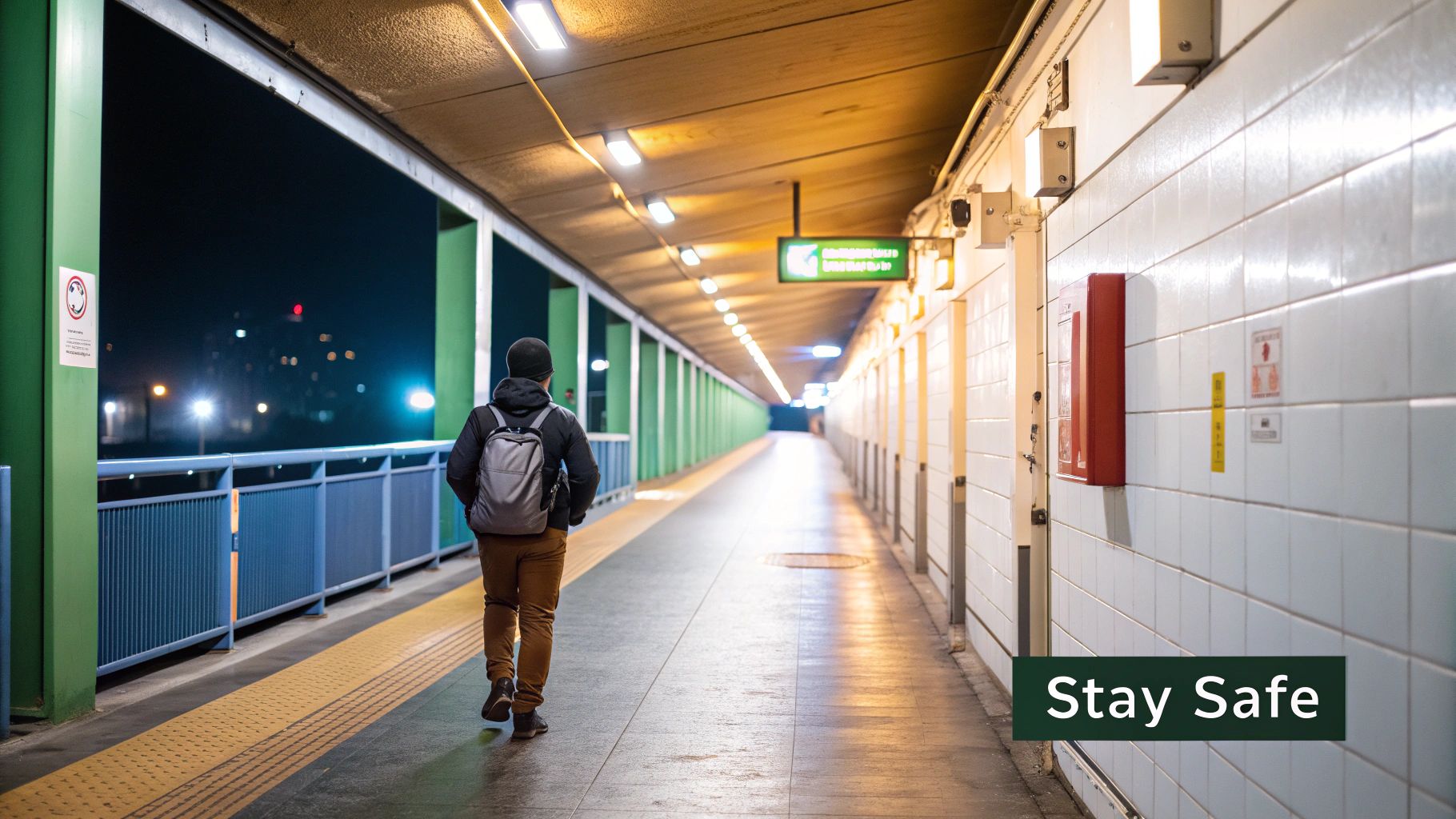 A confident solo traveller standing on a train platform with their luggage, smiling.