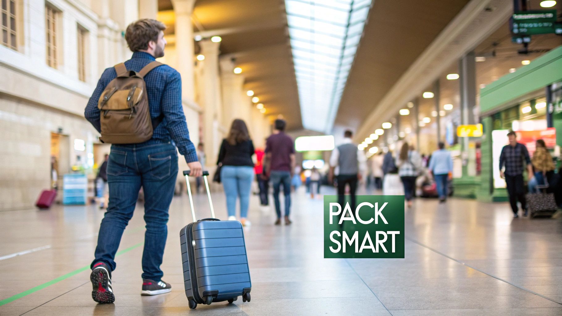 A well-organised suitcase with packing cubes and travel essentials, ready for a train journey.
