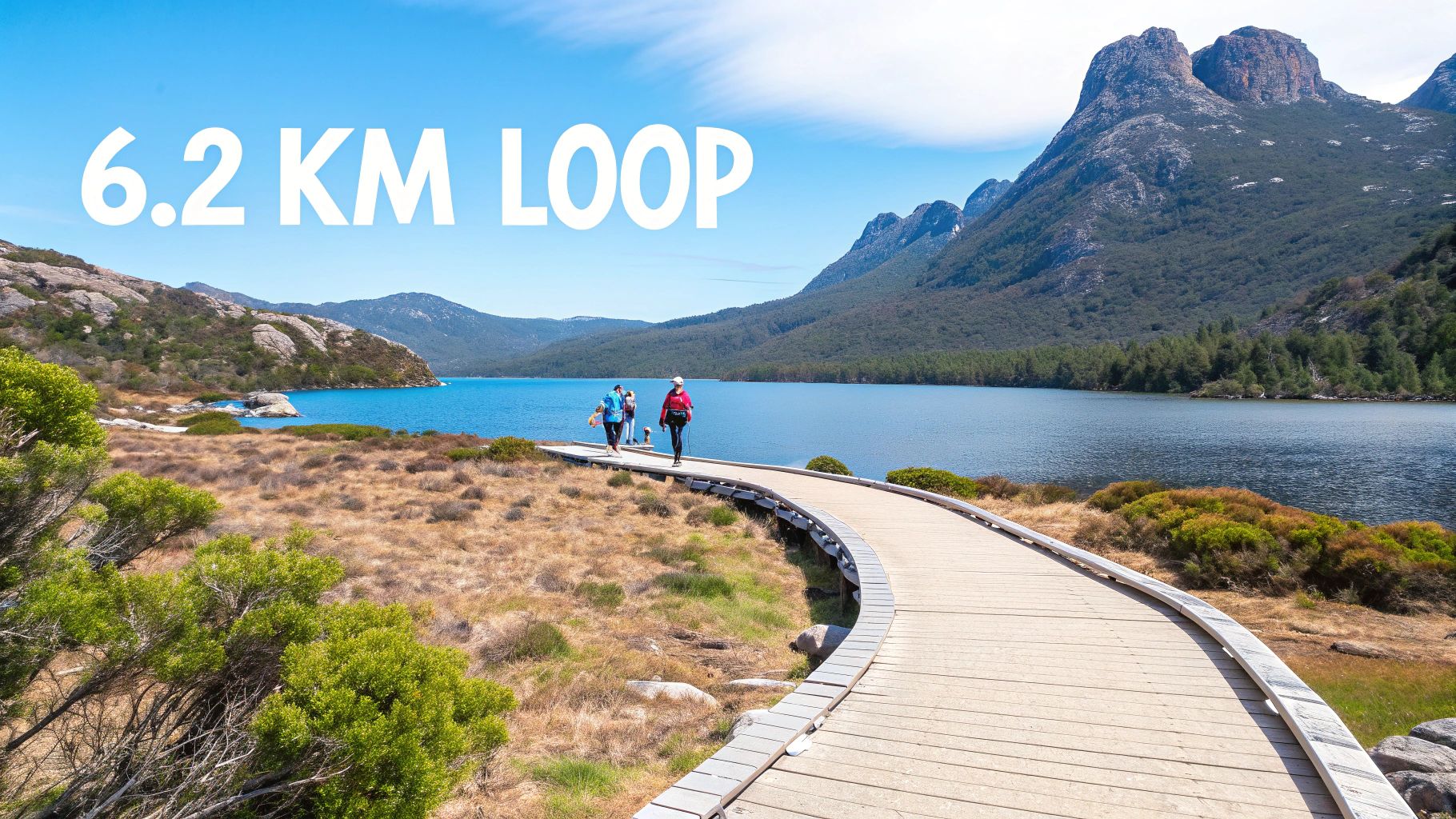 People walking on the boardwalk of the Dove Lake Circuit, with Cradle Mountain in the distance.