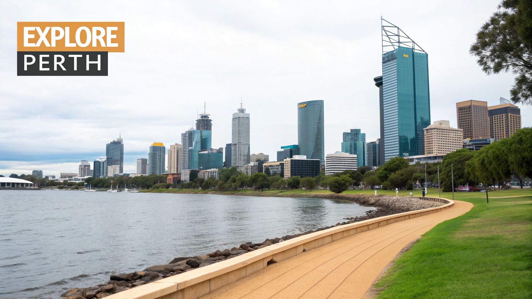 A beautiful panoramic view of Perth's city skyline and the Swan River at sunset.