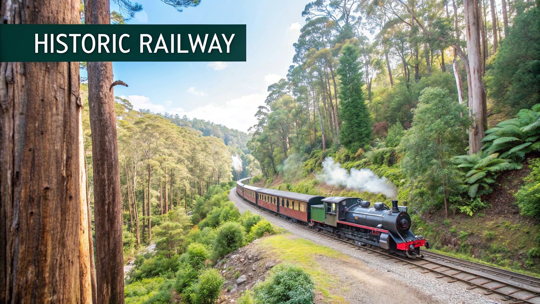 Puffing Billy steam train crossing a wooden trestle bridge in the Dandenong Ranges