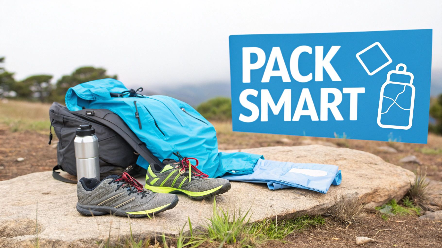 A hiker prepared with a backpack and appropriate gear stands on the Dove Lake Circuit trail.