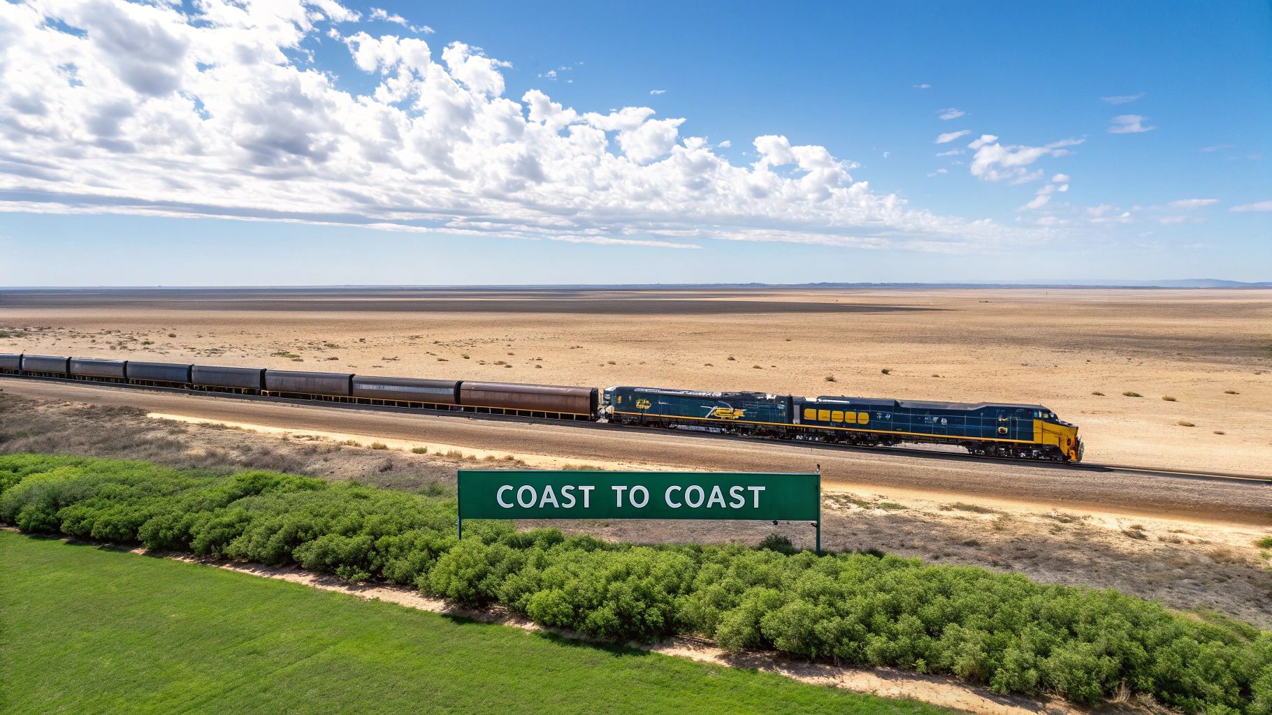 Indian Pacific train travelling through the Australian landscape