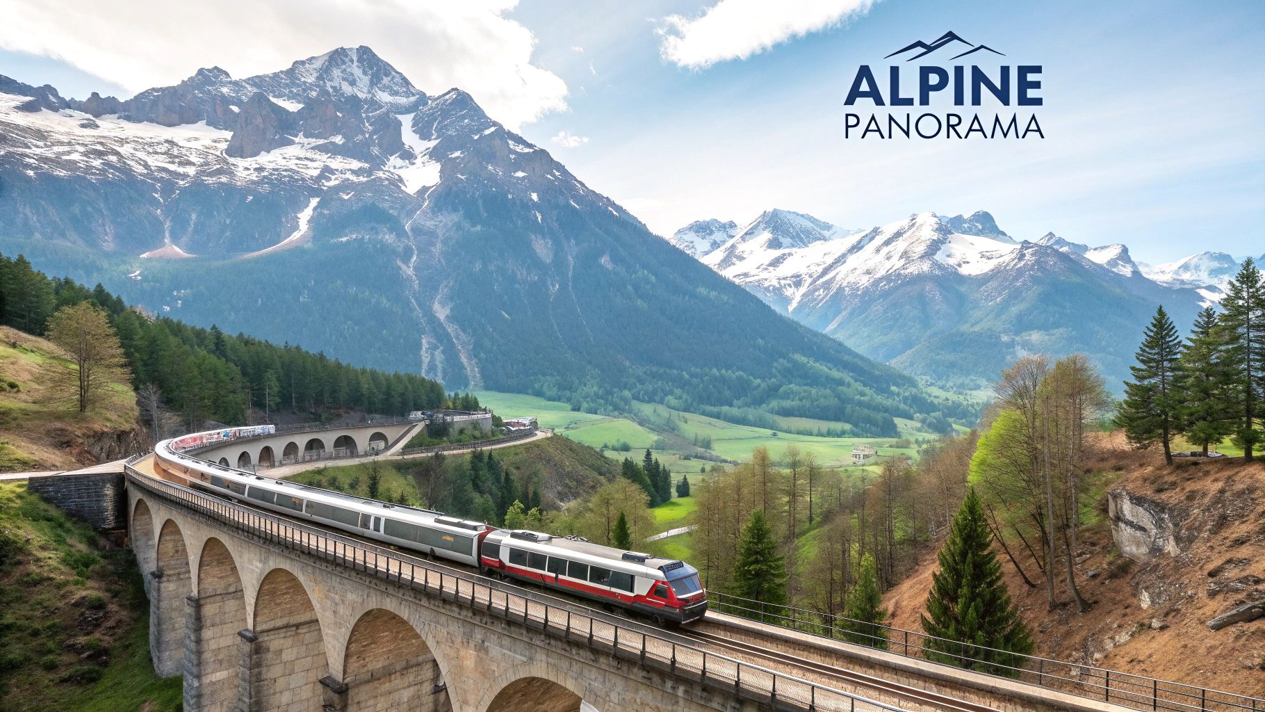 Glacier Express train crossing a high viaduct in a snowy mountain landscape
