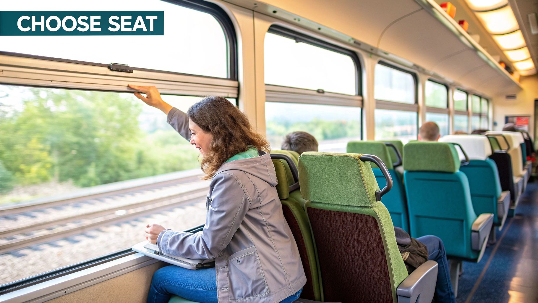 Person sitting comfortably in a window seat on a scenic train journey.