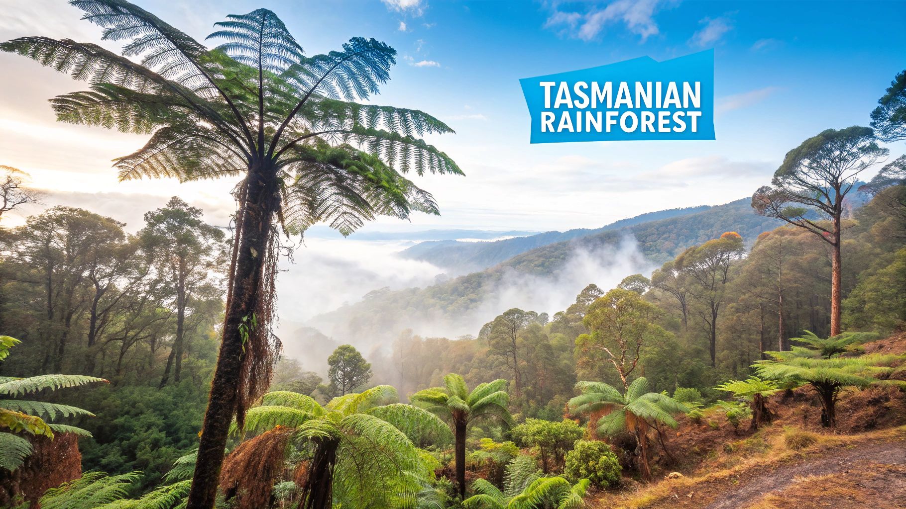 Lush ferns and moss-covered trees in a Tasmanian rainforest