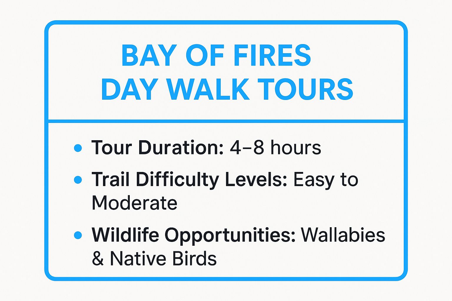 Infographic showing key data about Bay of Fires Day Walk Tours