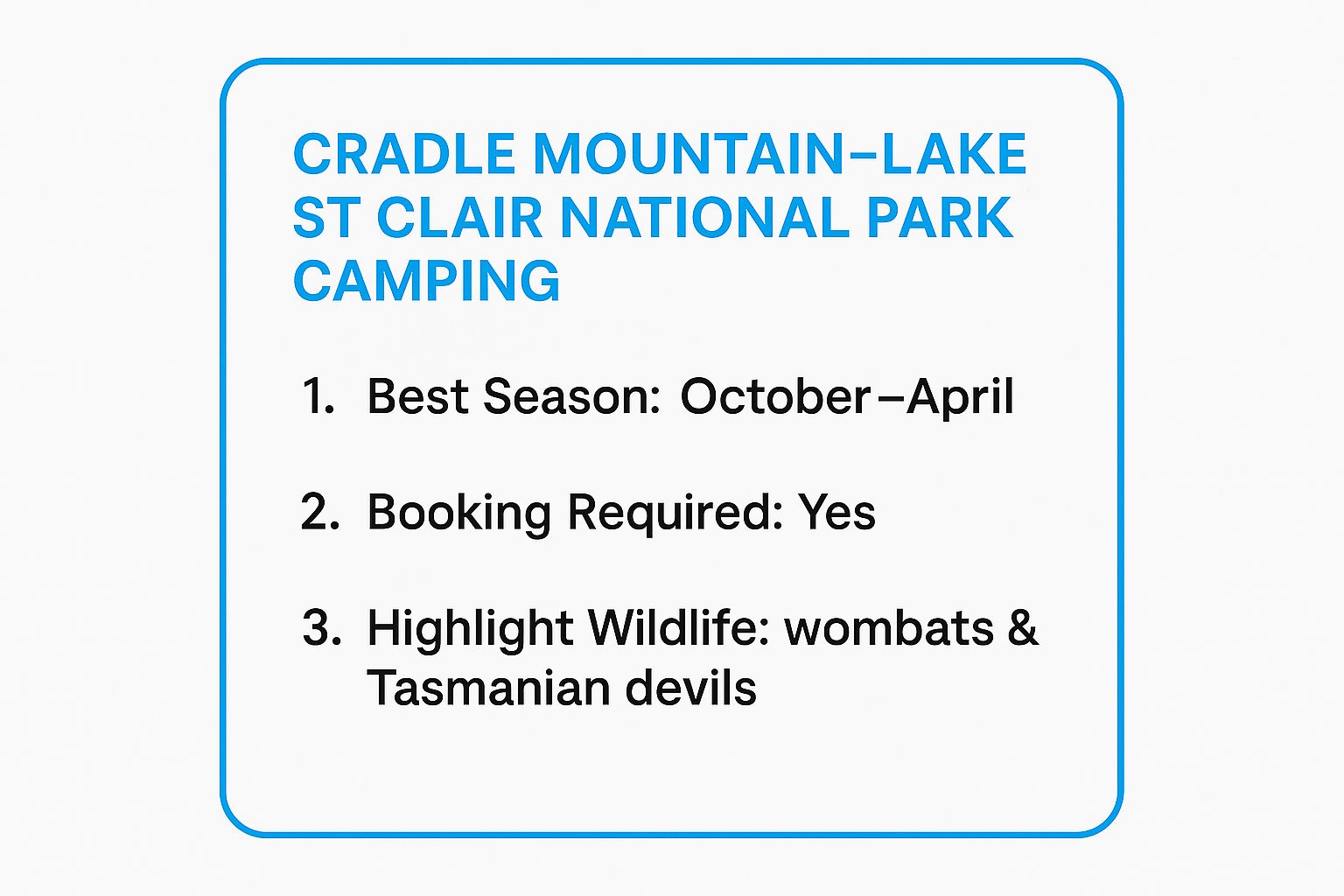 Infographic showing key data about Cradle Mountain-Lake St Clair National Park Camping
