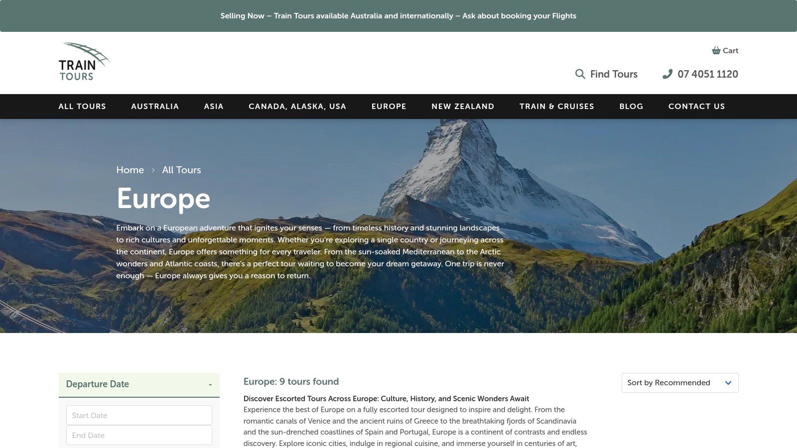 Europe Train Tours Website Homepage