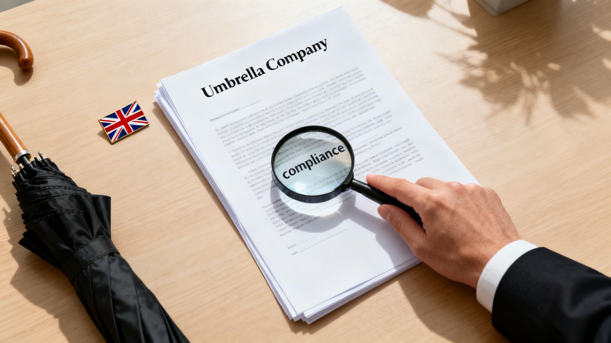Magnifying glass on a 'compliance' document for an 'Umbrella Company' with a UK flag and umbrella.
