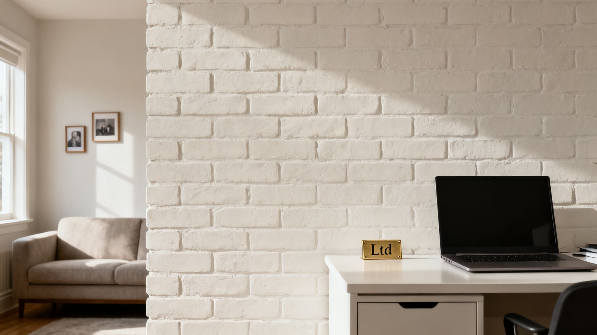 A sunlit home office with a laptop, a gold 'Ltd' sign on a white desk, and a brick wall.
