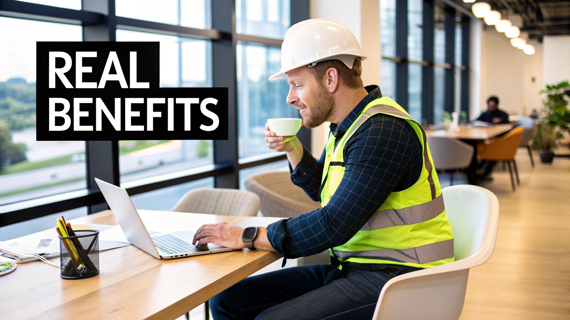 A contractor smiling while reviewing project documents