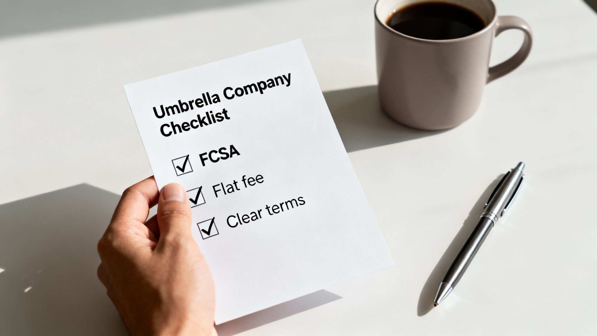 A hand holds an 'Umbrella Company Checklist' with FCSA, flat fee, and clear terms checked, next to a coffee mug and pen on a white desk.