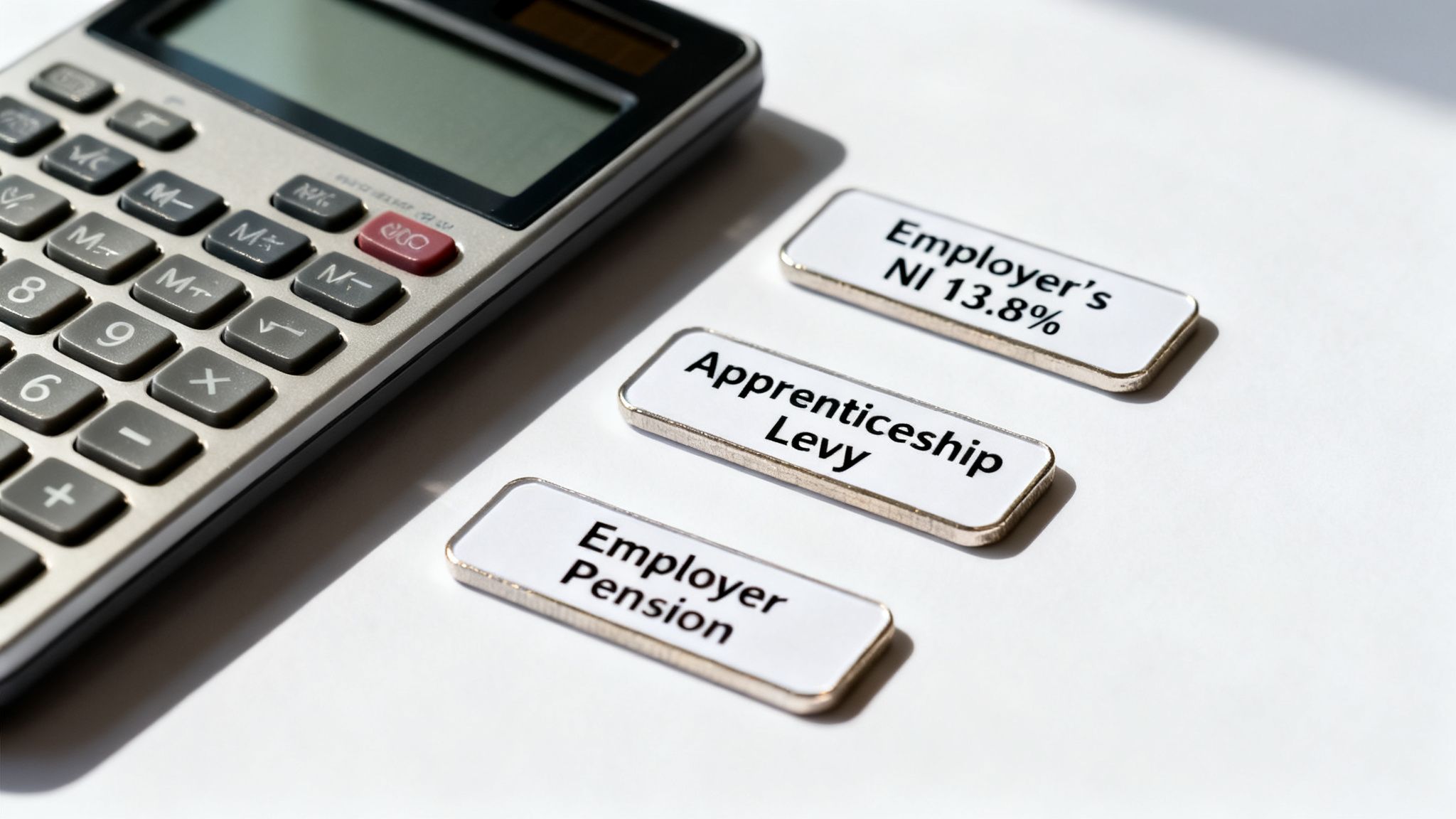 Calculator with labels indicating Employer's NI, Apprenticeship Levy, and Employer Pension costs.