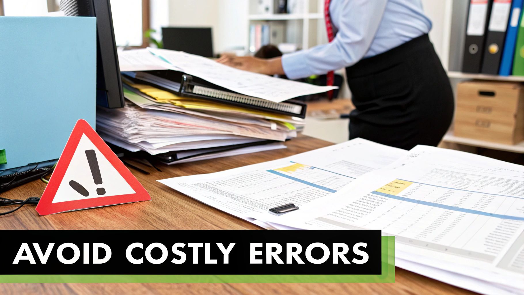 A person looking concerned at their laptop, surrounded by paperwork, representing the stress of financial mistakes.