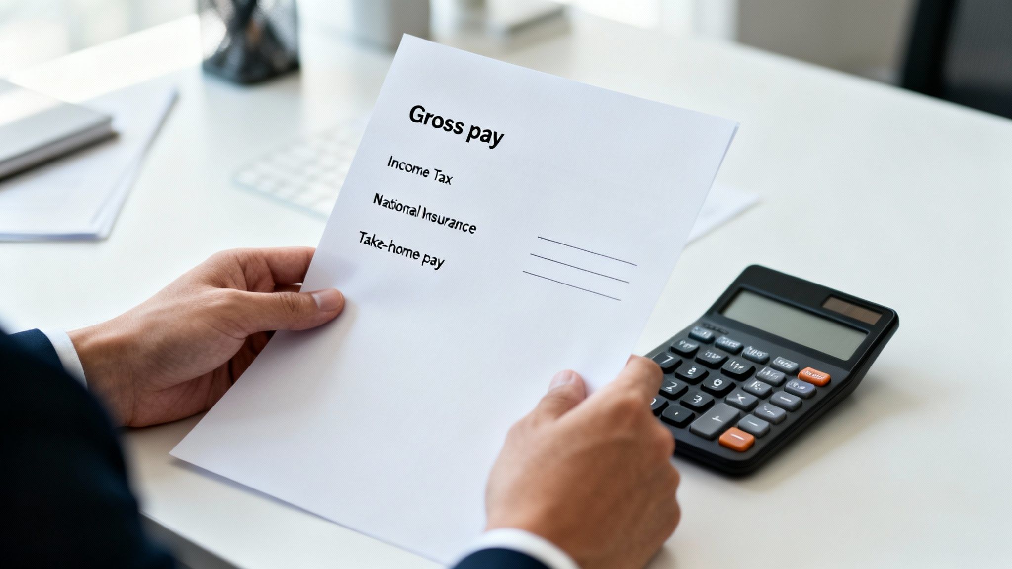 A person's hands holding a document showing gross pay, income tax, and take-home pay with a calculator on a desk.