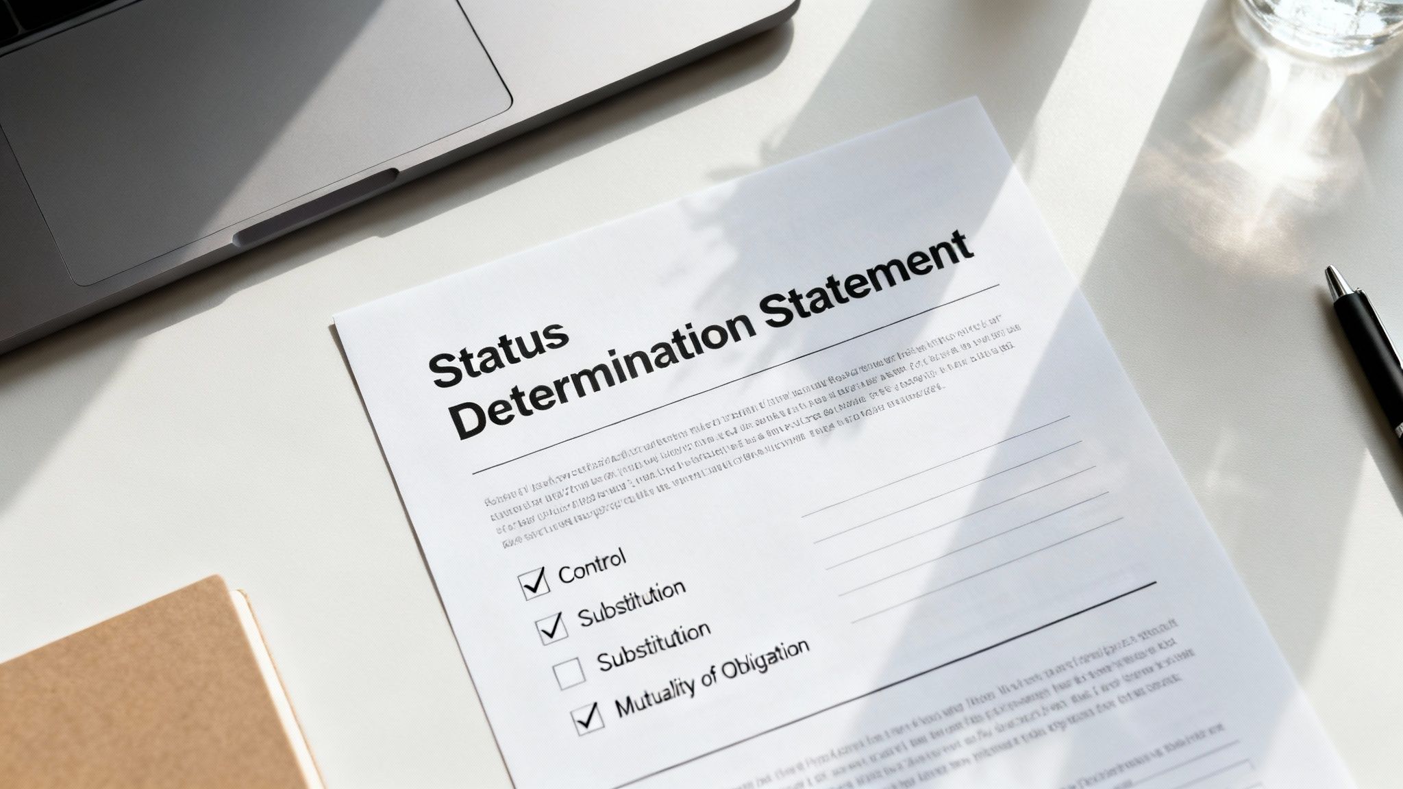 A 'Status Determination Statement' document on a desk next to a laptop, pen, and glass of water.