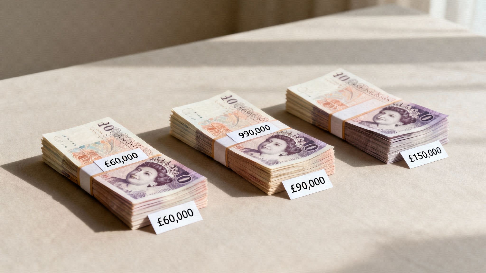 Three stacks of British pound sterling banknotes, with white labels showing various financial amounts.