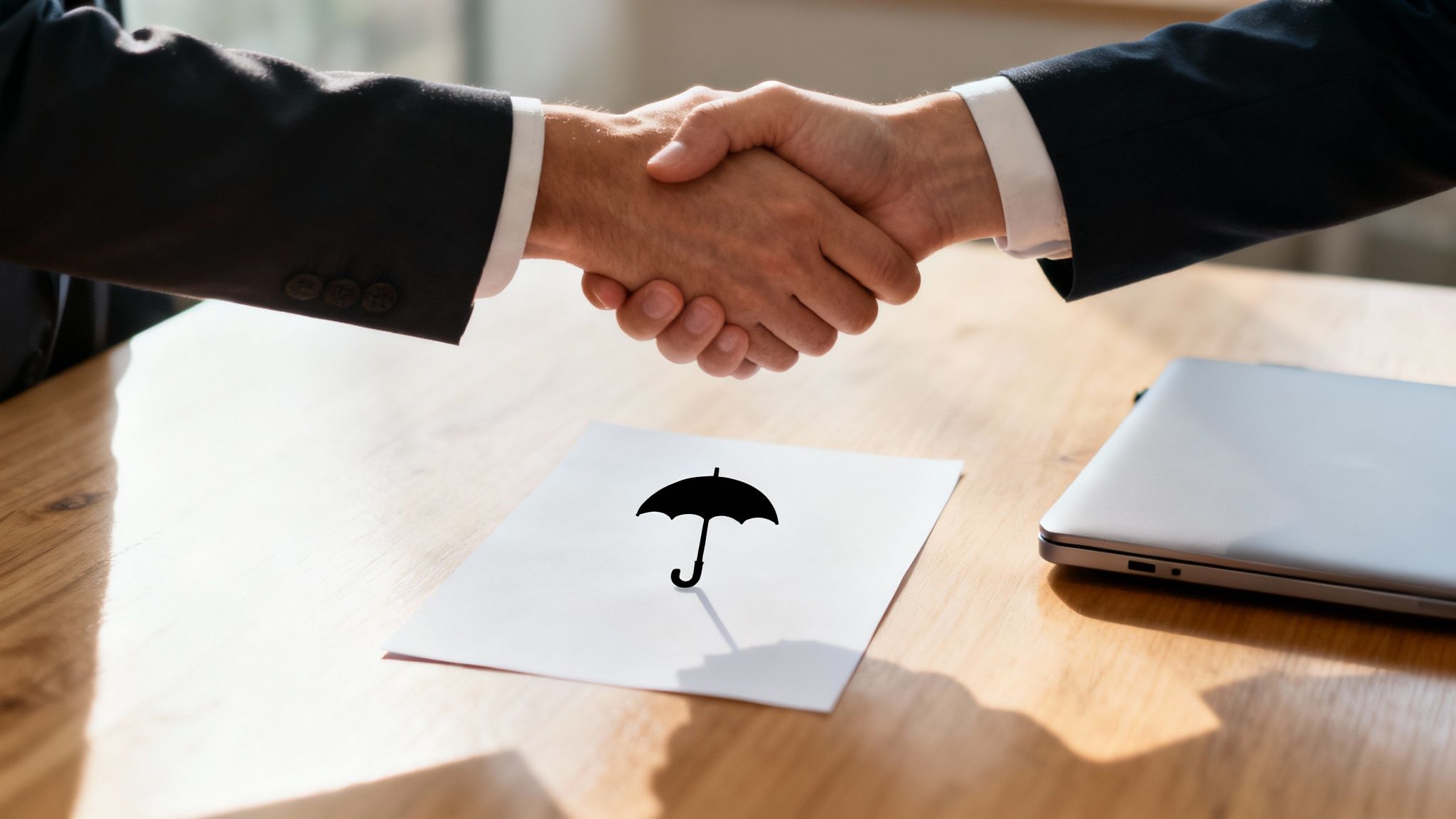 Two business people in suits shaking hands over an insurance document with an umbrella icon on a wooden table.