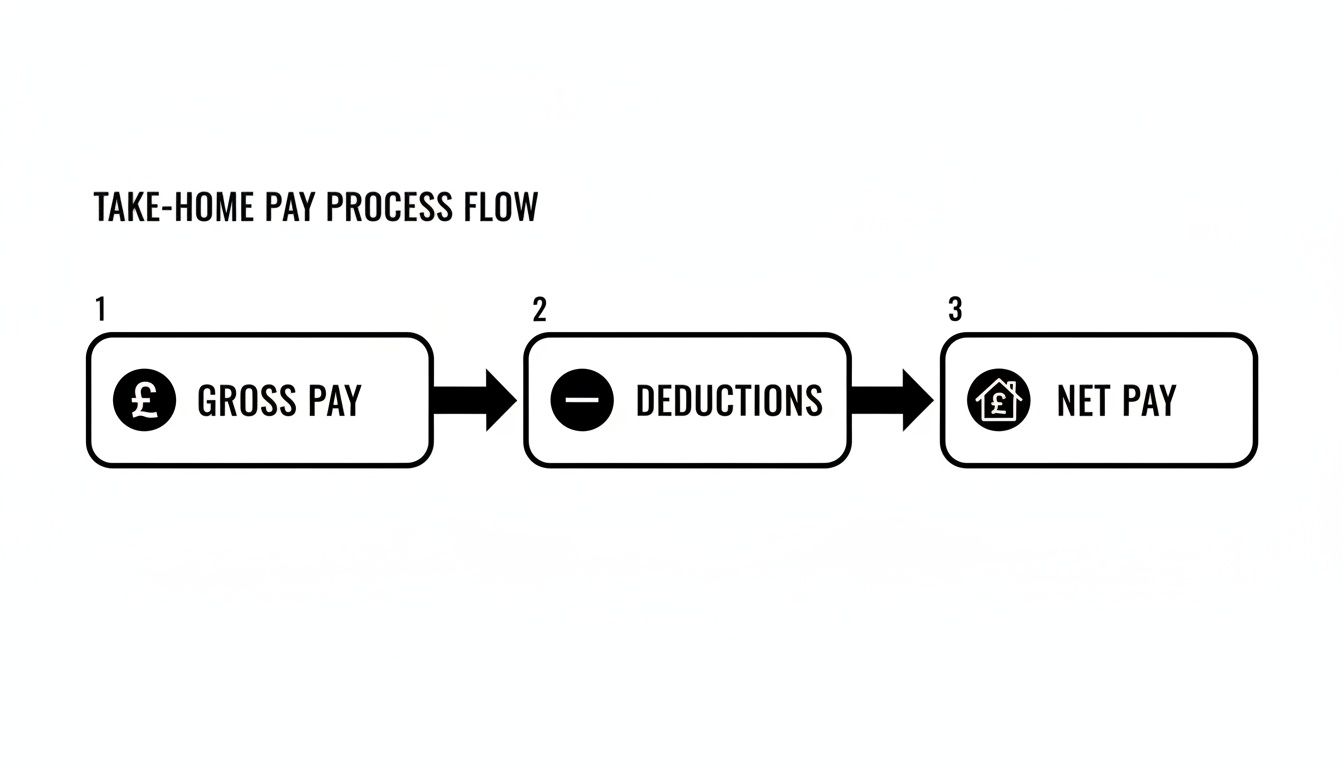 A process flow diagram illustrates take-home pay calculation: Gross Pay minus Deductions equals Net Pay.