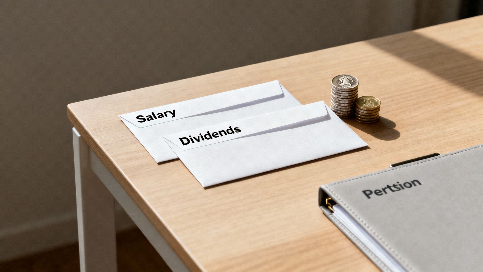 Two envelopes labeled 'Salary' and 'Dividends' on a desk with stacked coins and a grey binder.