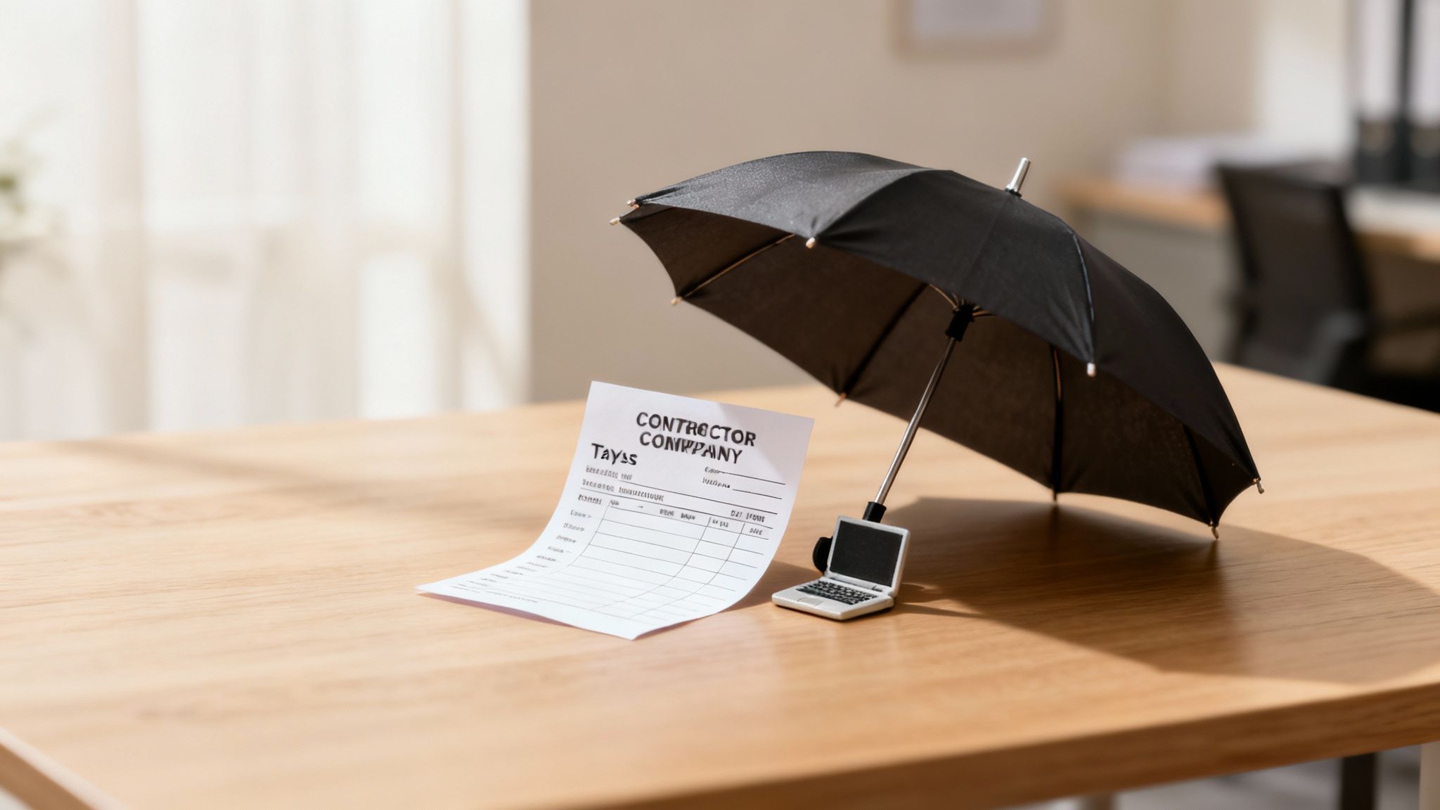 A miniature black umbrella, a contractor company document, and a small laptop on a wooden desk.