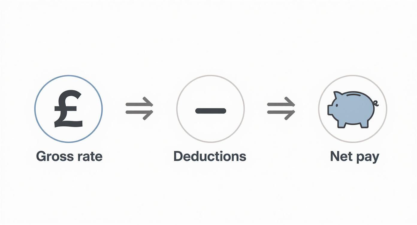 A financial diagram illustrating that Gross rate (pound symbol) minus Deductions equals Net pay (piggy bank).