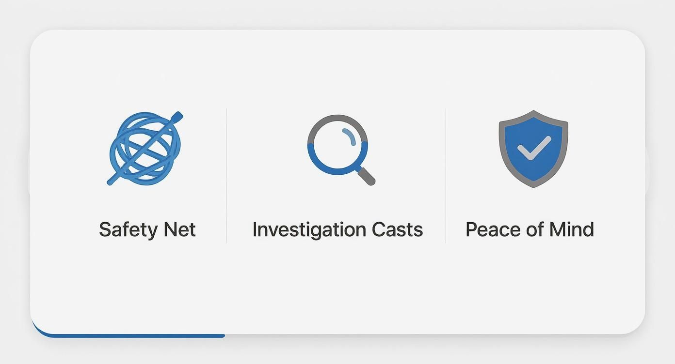 Three icons representing Safety Net, Investigation Casts, and Peace of Mind services.