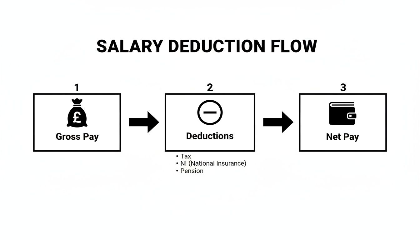 Flowchart showing salary deductions from gross pay to net pay, including tax, national insurance, and pension.