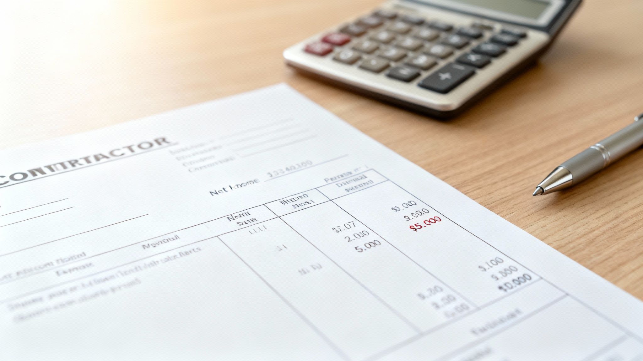 A contractor's pay statement with a calculator and pen on a wooden desk, showing financial figures.